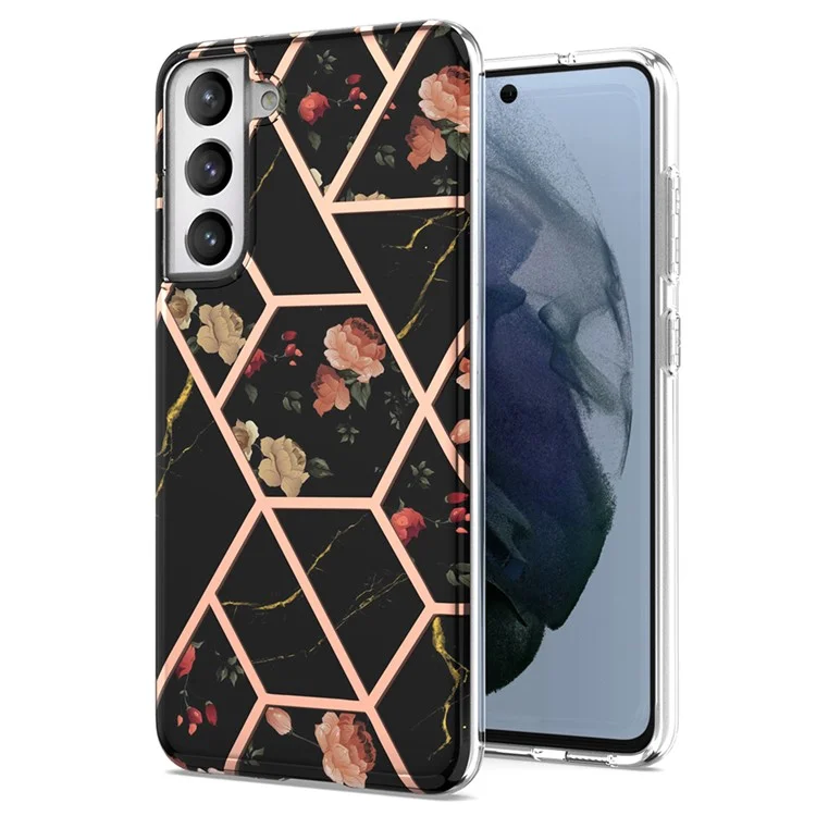 2,0 mm IMD IML Elektroplattierten Marmor-Handyhülle mit Blumenmuster für Samsung Galaxy S21 5G/4G - Schwarzer Marmor/Blume