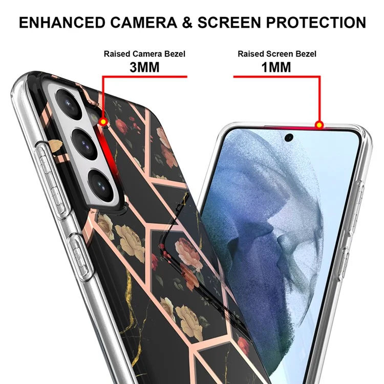 2,0 mm IMD IML Elektroplattierten Marmor-Handyhülle mit Blumenmuster für Samsung Galaxy S21 5G/4G - Schwarzer Marmor/Blume