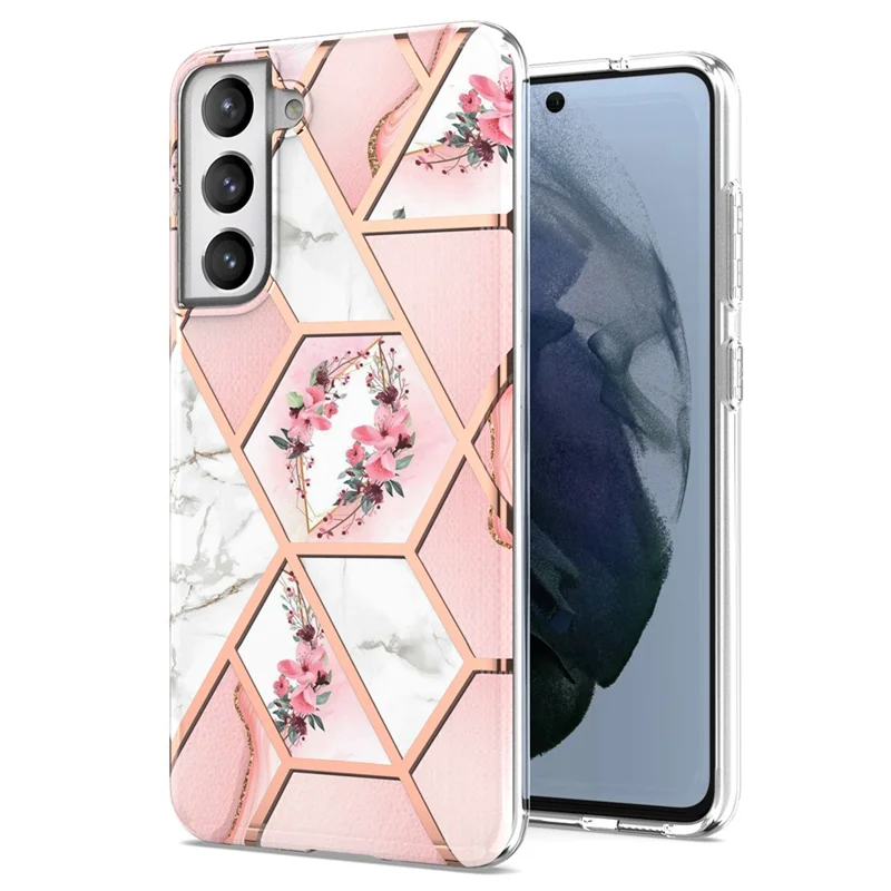 2.0mm IMD IML Electroplating Marble Phone Case Flower Pattern Shell for Samsung Galaxy S21 5G/4G - Pink Marble/Flower