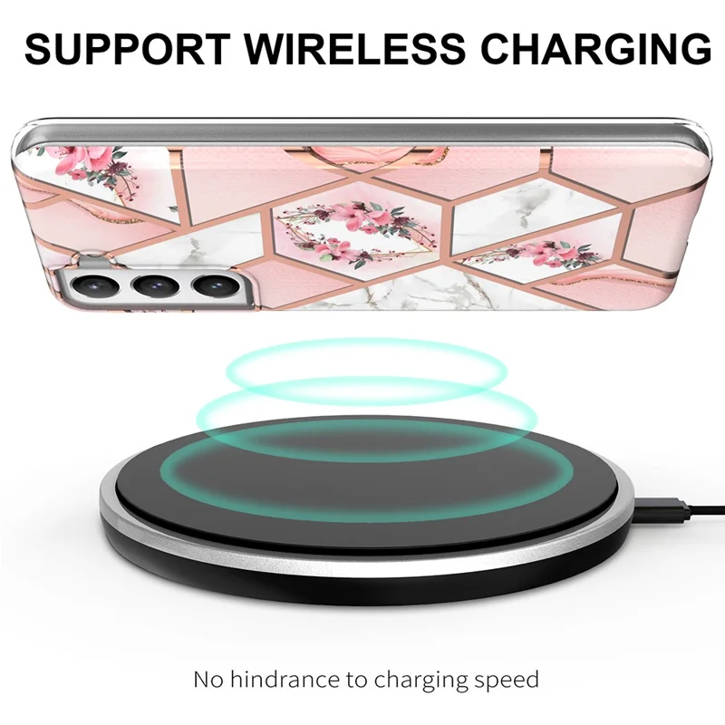 2.0mm IMD IML Electroplating Marble Phone Case Flower Pattern Shell for Samsung Galaxy S21 5G/4G - Pink Marble/Flower