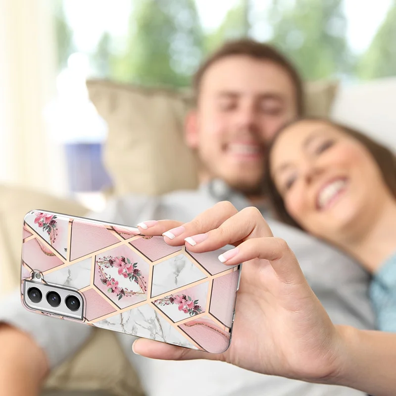 2.0mm IMD IML Electroplating Marble Phone Case Flower Pattern Shell for Samsung Galaxy S21 5G/4G - Pink Marble/Flower