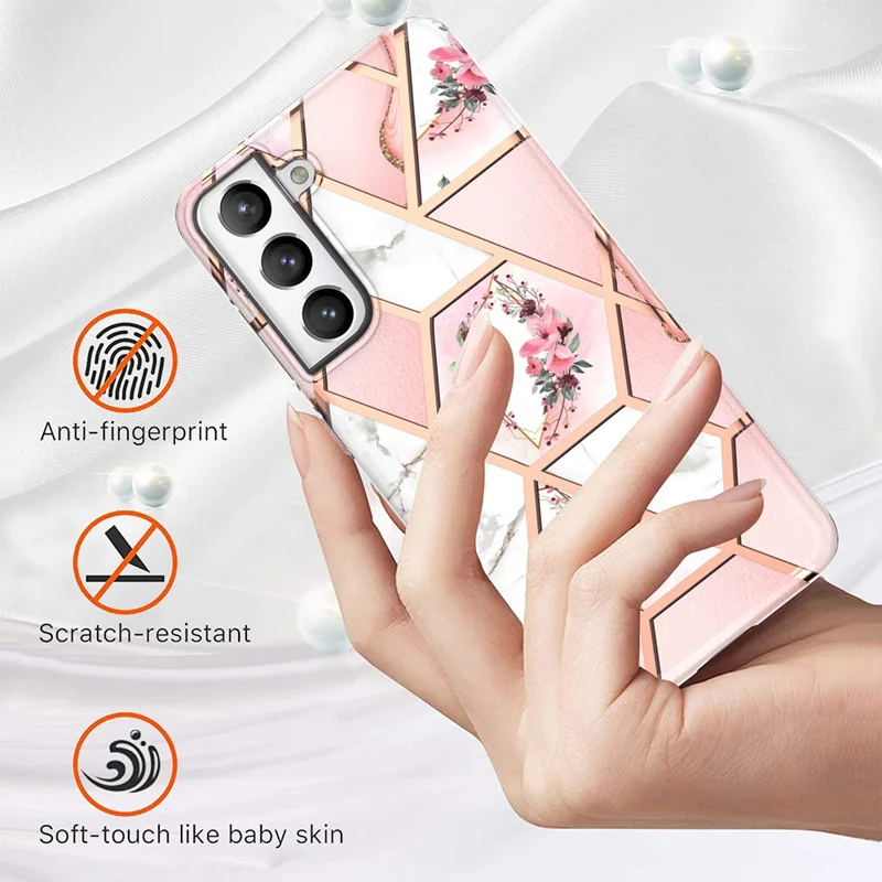 2.0mm IMD IML Electroplating Marble Phone Case Flower Pattern Shell for Samsung Galaxy S21 5G/4G - Pink Marble/Flower