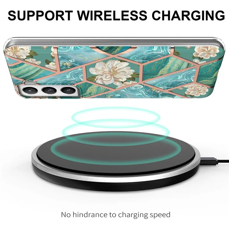 Custodia per telefono cellulare in marmo con motivo a fiori con elettrodeposizione IMD IML da 2,0 mm per Samsung Galaxy S21 5G/4G - Marmo verde/Fiore