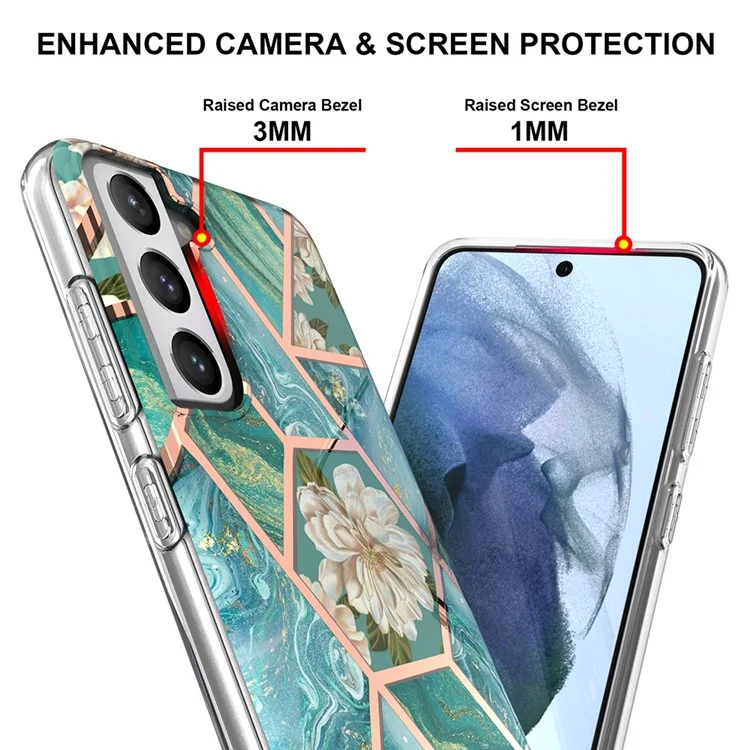 Custodia per telefono cellulare in marmo con motivo a fiori con elettrodeposizione IMD IML da 2,0 mm per Samsung Galaxy S21 5G/4G - Marmo verde/Fiore