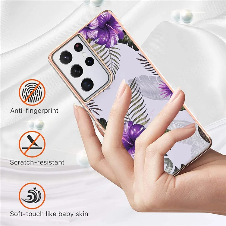 For Samsung Galaxy S21 Ultra 5G TPU Cases IMD Pattern Electroplating Soft Phone Back Cover - Purple Flower