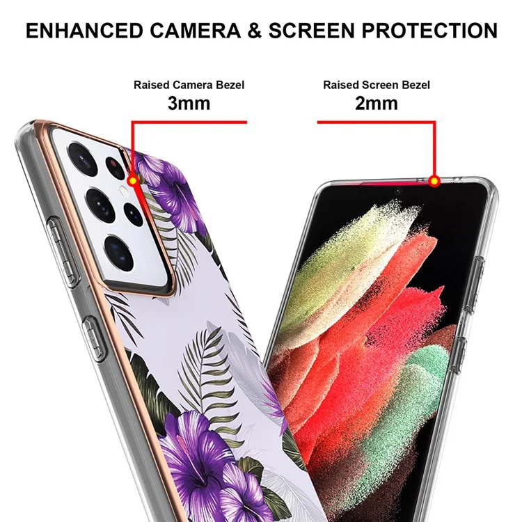 For Samsung Galaxy S21 Ultra 5G TPU Cases IMD Pattern Electroplating Soft Phone Back Cover - Purple Flower