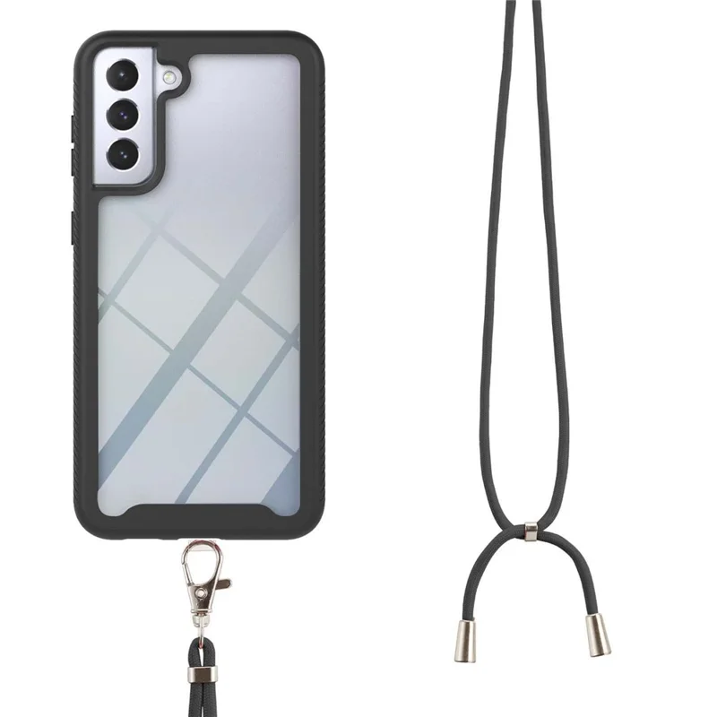 Full Coverage Shockproof PC + TPU Hybrid Case with Lanyard for Samsung Galaxy S21 5G/4G - Black