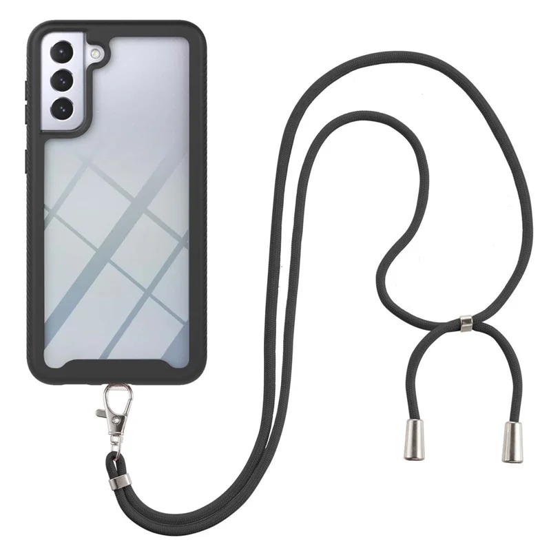 Full Coverage Shockproof PC + TPU Hybrid Case with Lanyard for Samsung Galaxy S21 5G/4G - Black