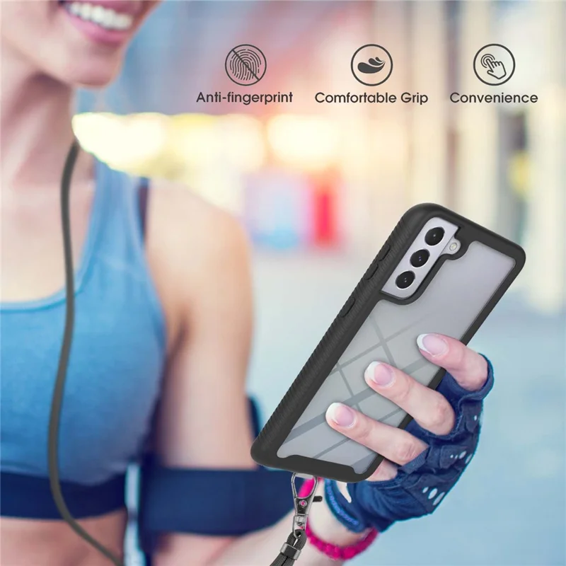 Full Coverage Shockproof PC + TPU Hybrid Case with Lanyard for Samsung Galaxy S21 5G/4G - Black