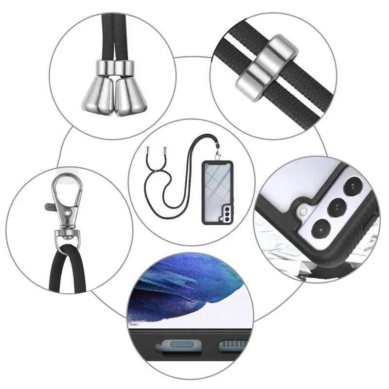 Full Coverage Shockproof PC + TPU Hybrid Case with Lanyard for Samsung Galaxy S21 5G/4G - Black