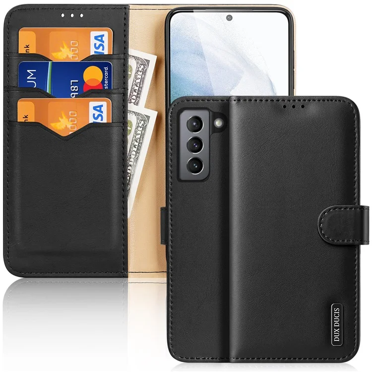 DUX DUCIS Hivo Series Split Leather Multiple Slots Wallet Adjustable Stand Phone Cover Shell para Samsung Galaxy S21 FE - Negro