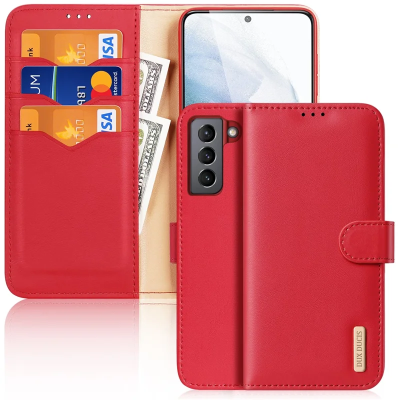 DUX DUCIS Hivo Series Split Leather Multiple Slots Wallet Adjustable Stand Phone Cover Shell for Samsung Galaxy S21 FE - Red