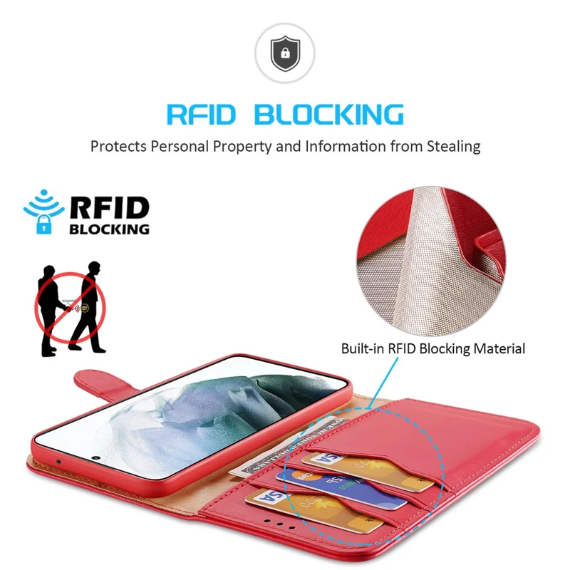 DUX DUCIS Hivo Series Split Leather Multiple Slots Wallet Adjustable Stand Phone Cover Shell for Samsung Galaxy S21 FE - Red