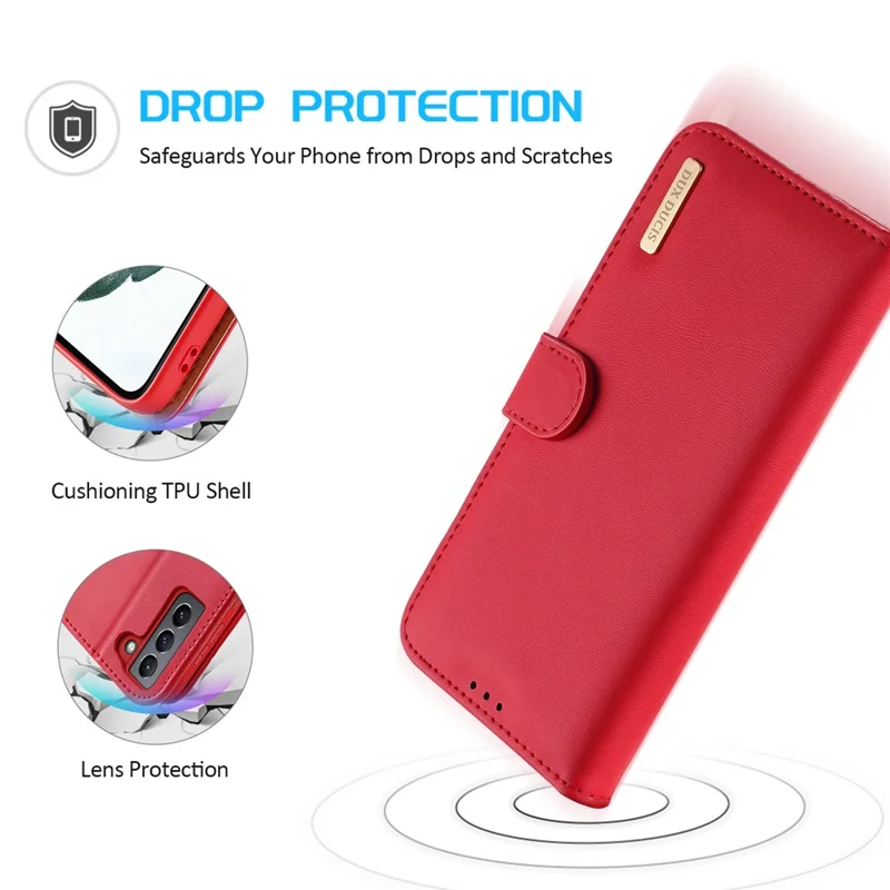 DUX DUCIS Hivo Series Split Leather Multiple Slots Wallet Adjustable Stand Phone Cover Shell for Samsung Galaxy S21 FE - Red