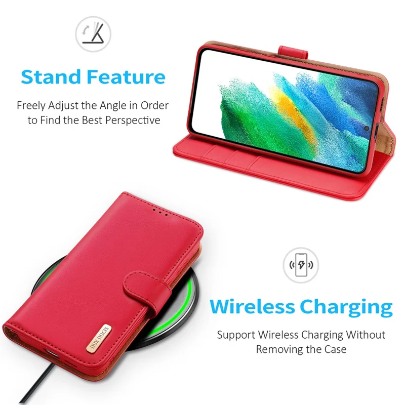 DUX DUCIS Hivo Series Split Leather Multiple Slots Wallet Adjustable Stand Phone Cover Shell for Samsung Galaxy S21 FE - Red