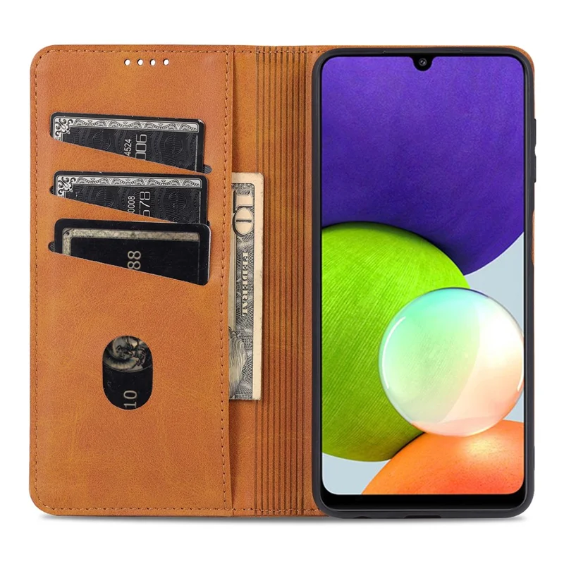 AZNS Premium PU Leather Auto-absorbed Magnetic Closure Stand Function Wallet Flip Cover for Samsung Galaxy A22 4G (EU Version) - Red