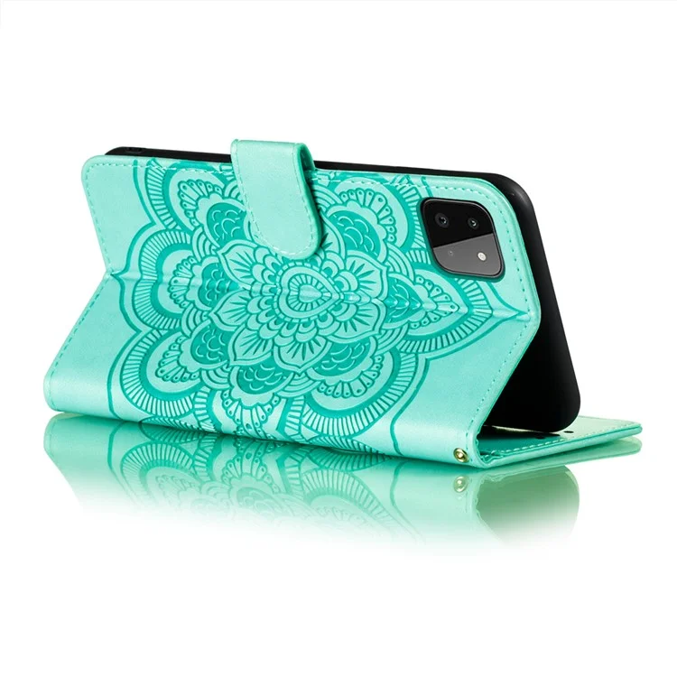 Имприминт Henna Mandala Flower Pattern Stand Feature Shockproof PU Leather Case для Samsung Galaxy A22 5G (версия ЕС) - Зеленый