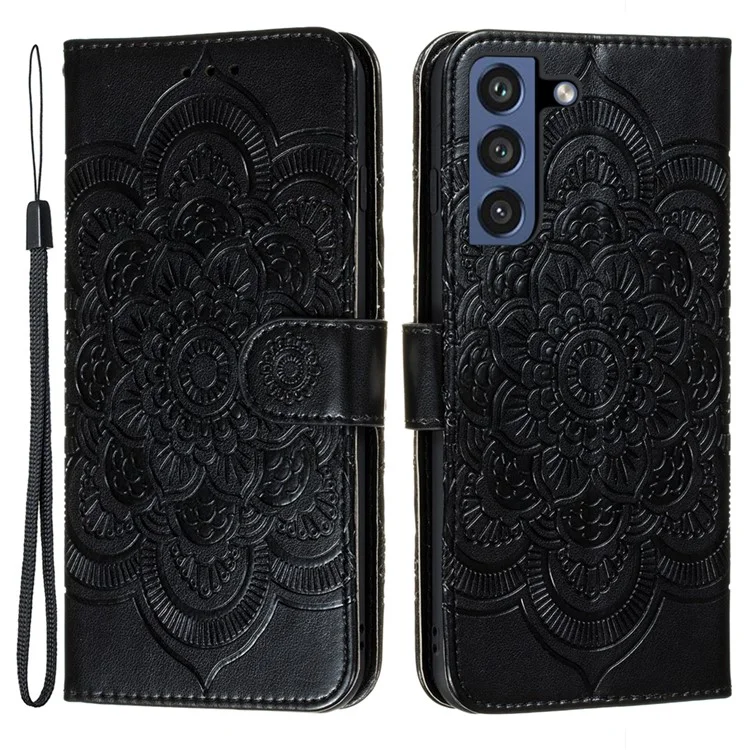 Imprint Henna Mandala Flower Pattern Lanyard Protective Soft PU Leather Cover Case for Samsung Galaxy S21 FE - Black