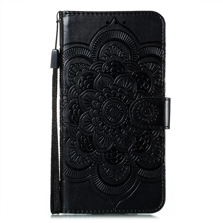 Imprint Henna Mandala Flower Pattern Lanyard Protective Soft PU Leather Cover Case for Samsung Galaxy S21 FE - Black