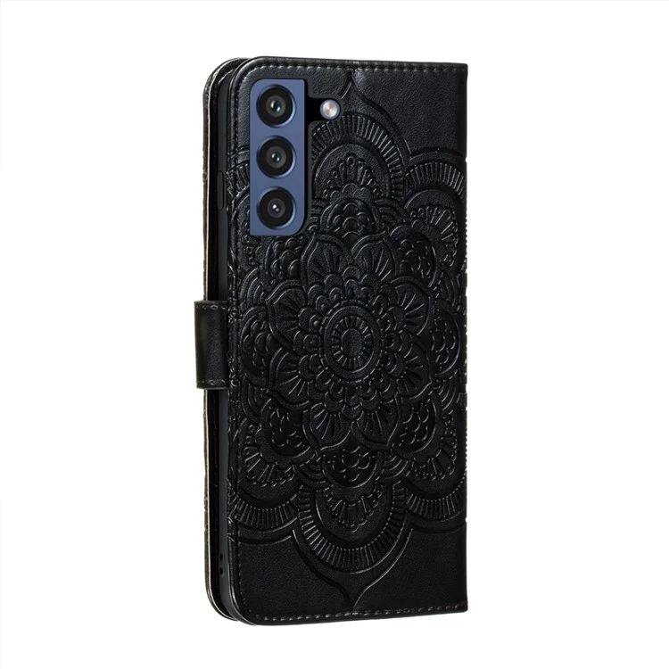 Imprint Henna Mandala Flower Pattern Lanyard Protective Soft PU Leather Cover Case for Samsung Galaxy S21 FE - Black