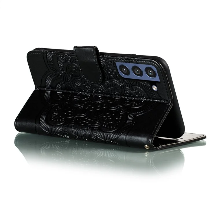 Imprint Henna Mandala Flower Pattern Lanyard Protective Soft PU Leather Cover Case for Samsung Galaxy S21 FE - Black
