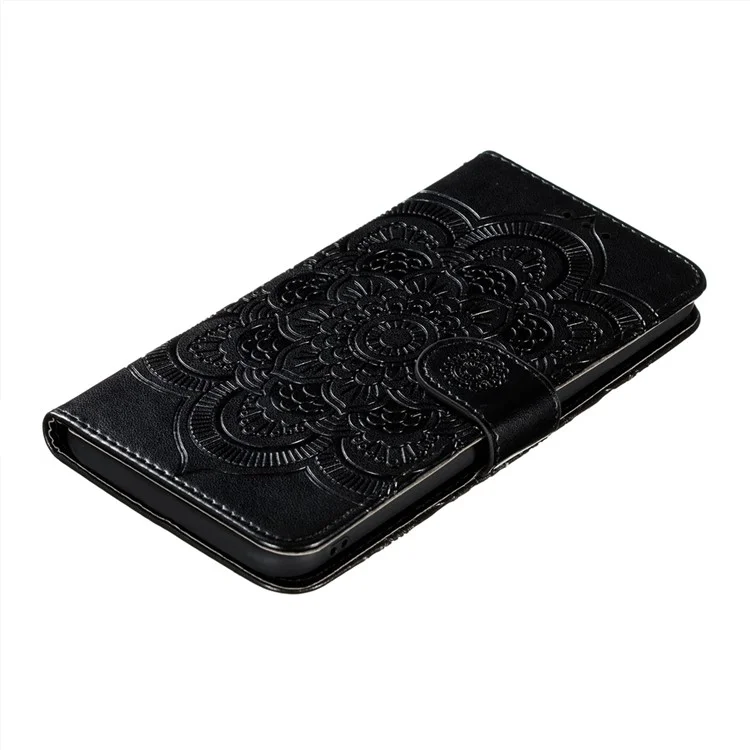 Imprint Henna Mandala Flower Pattern Lanyard Protective Soft PU Leather Cover Case for Samsung Galaxy S21 FE - Black