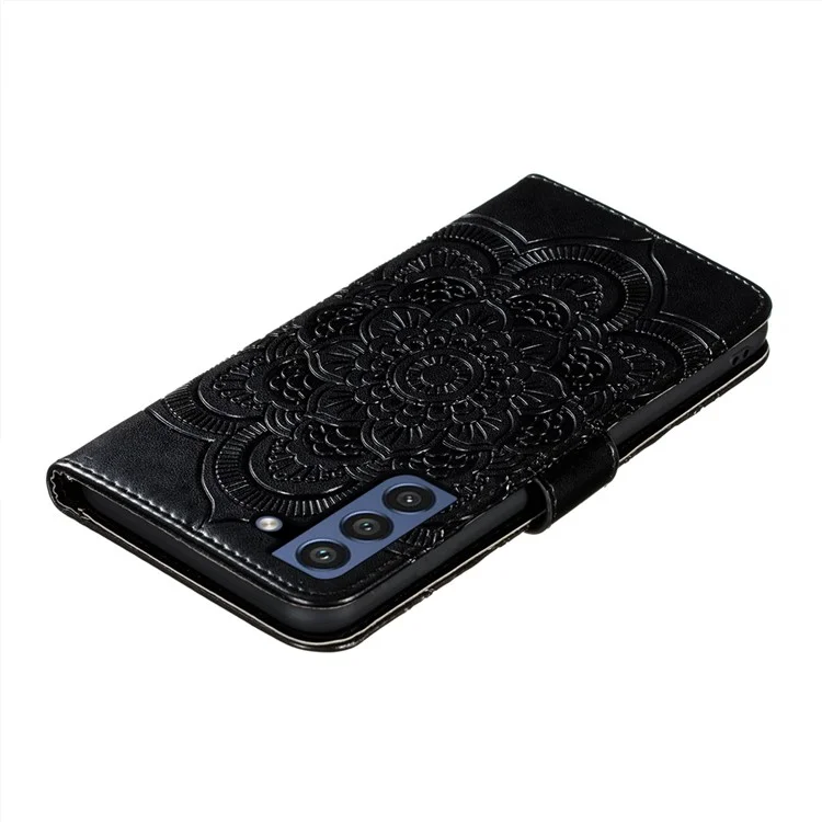 Imprint Henna Mandala Flower Pattern Lanyard Protective Soft PU Leather Cover Case for Samsung Galaxy S21 FE - Black