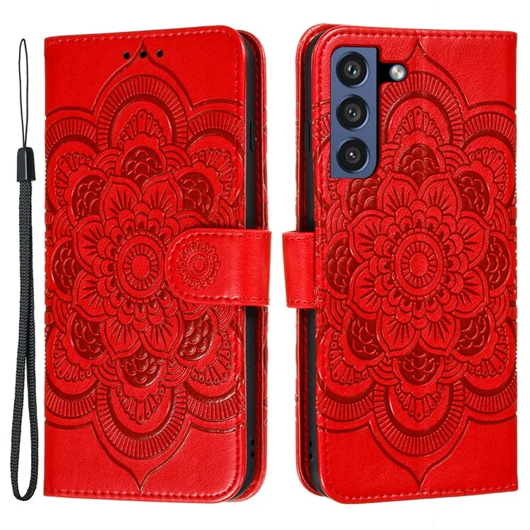 Imprint Henna Mandala Flower Pattern Lanyard Protective Soft PU Leather Cover Case for Samsung Galaxy S21 FE - Red