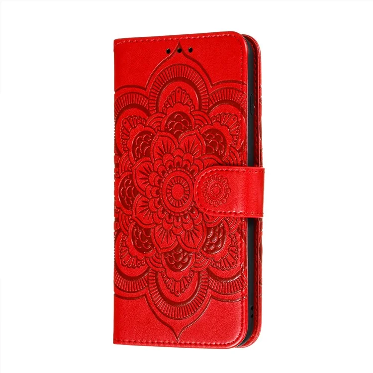 Imprint Henna Mandala Flower Pattern Lanyard Protective Soft PU Leather Cover Case for Samsung Galaxy S21 FE - Red