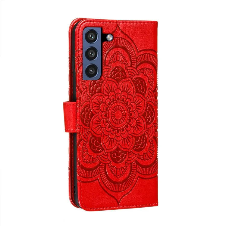 Imprint Henna Mandala Flower Pattern Lanyard Protective Soft PU Leather Cover Case for Samsung Galaxy S21 FE - Red