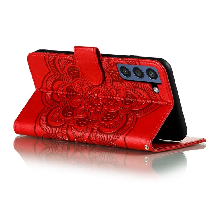 Imprint Henna Mandala Flower Pattern Lanyard Protective Soft PU Leather Cover Case for Samsung Galaxy S21 FE - Red