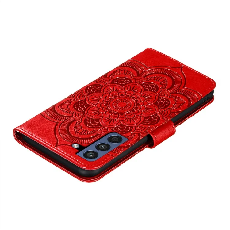 Imprint Henna Mandala Flower Pattern Lanyard Protective Soft PU Leather Cover Case for Samsung Galaxy S21 FE - Red