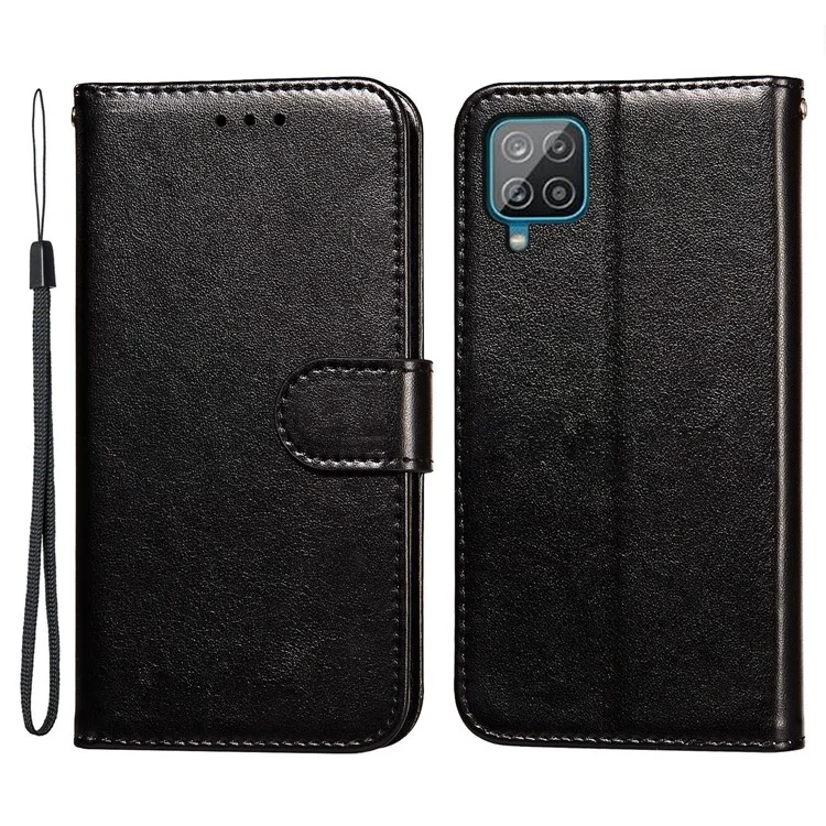 Magnetic Clasp Solid Color Leather Stand Case Wallet Phone Cover with Strap for Samsung Galaxy A22 4G (EU Version) - Black