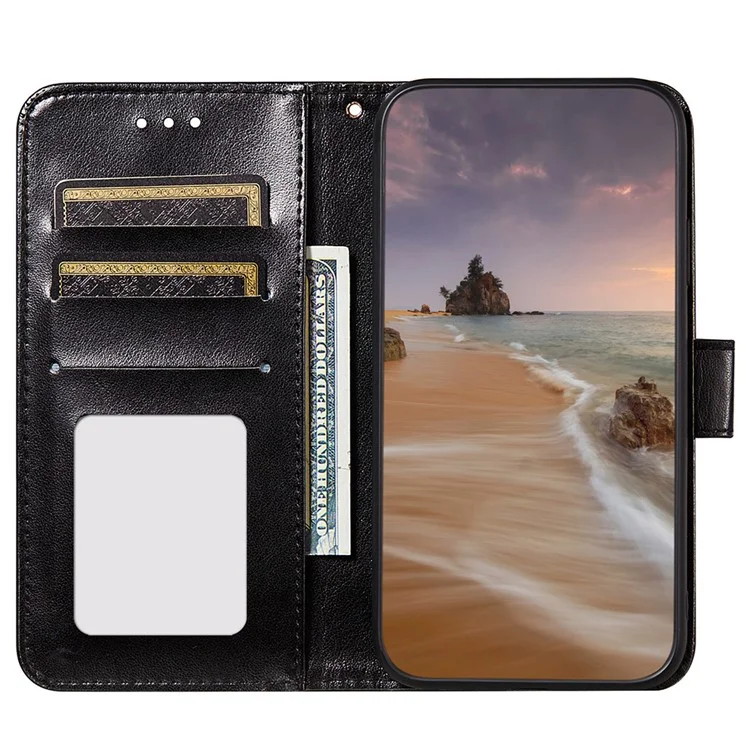 Magnetic Clasp Solid Color Leather Stand Case Wallet Phone Cover with Strap for Samsung Galaxy A22 4G (EU Version) - Black