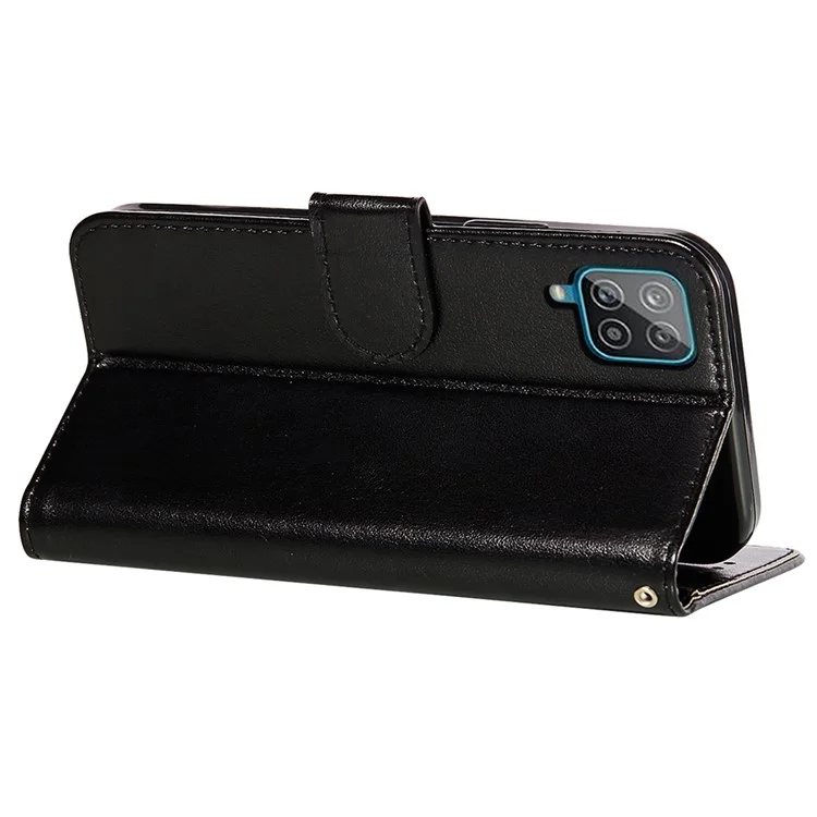 Magnetic Clasp Solid Color Leather Stand Case Wallet Phone Cover with Strap for Samsung Galaxy A22 4G (EU Version) - Black