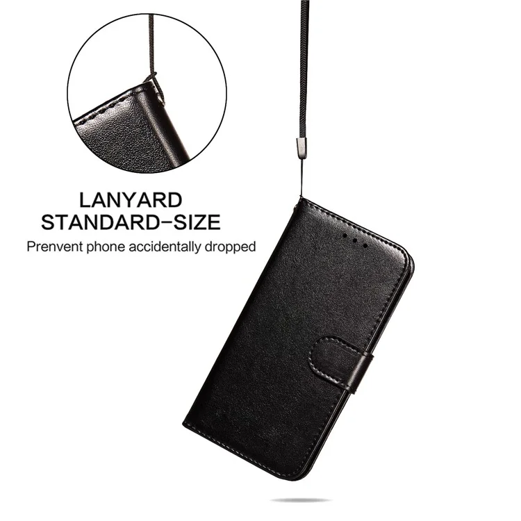 Magnetic Clasp Solid Color Leather Stand Case Wallet Phone Cover with Strap for Samsung Galaxy A22 4G (EU Version) - Black