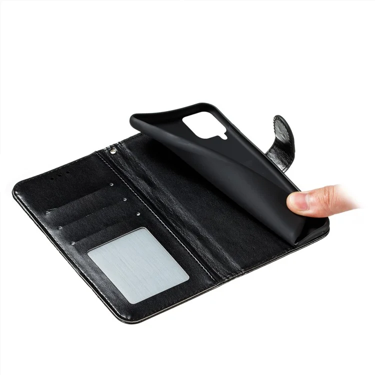 Magnetic Clasp Solid Color Leather Stand Case Wallet Phone Cover with Strap for Samsung Galaxy A22 4G (EU Version) - Black