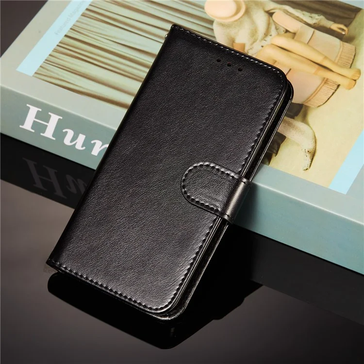 Magnetic Clasp Solid Color Leather Stand Case Wallet Phone Cover with Strap for Samsung Galaxy A22 4G (EU Version) - Black