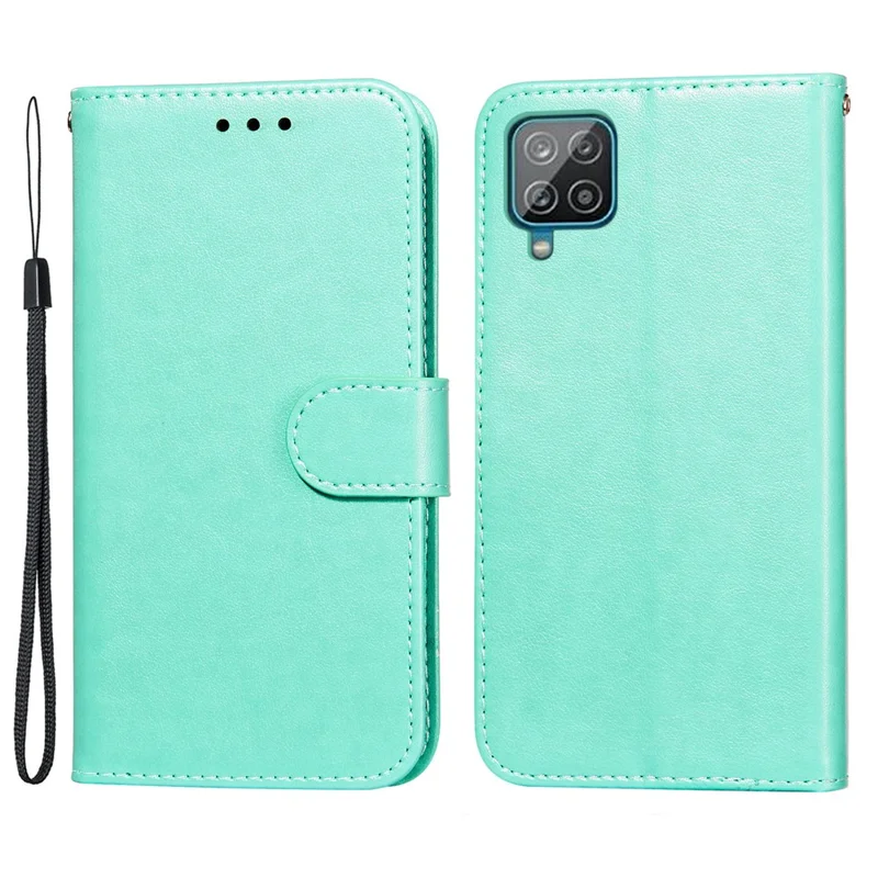 Magnetic Clasp Solid Color Leather Stand Case Wallet Phone Cover with Strap for Samsung Galaxy A22 4G (EU Version) - Green
