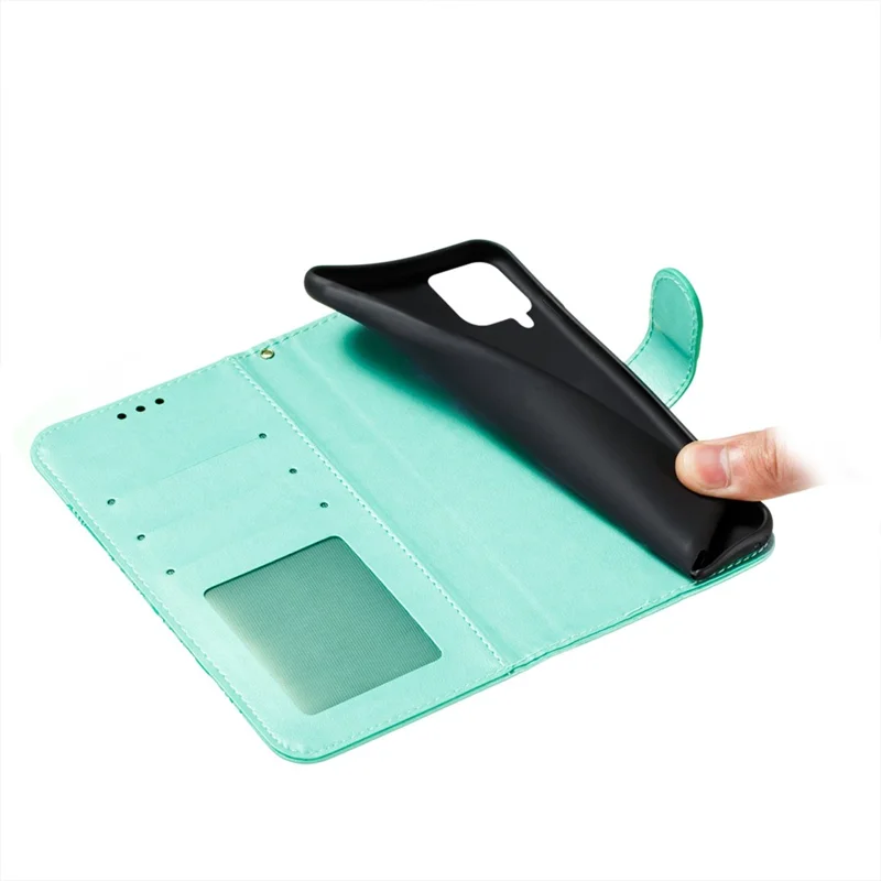 Magnetic Clasp Solid Color Leather Stand Case Wallet Phone Cover with Strap for Samsung Galaxy A22 4G (EU Version) - Green