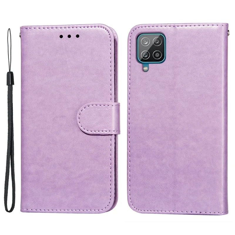 Magnetic Clasp Solid Color Leather Stand Case Wallet Phone Cover with Strap for Samsung Galaxy A22 4G (EU Version) - Purple