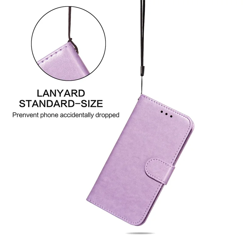 Magnetic Clasp Solid Color Leather Stand Case Wallet Phone Cover with Strap for Samsung Galaxy A22 4G (EU Version) - Purple