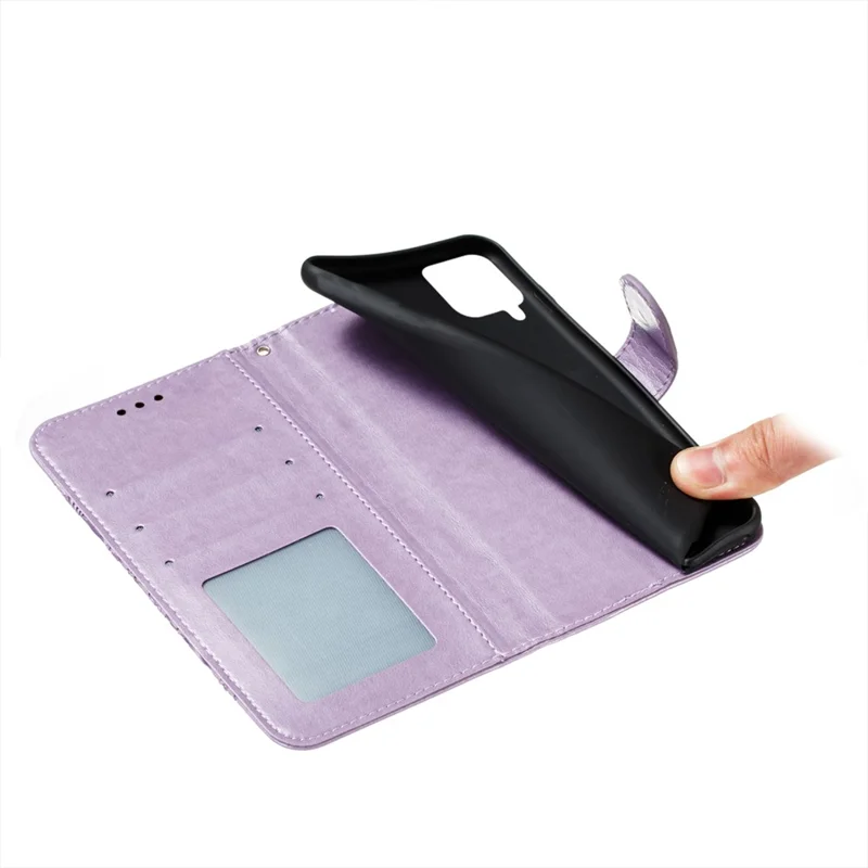 Magnetic Clasp Solid Color Leather Stand Case Wallet Phone Cover with Strap for Samsung Galaxy A22 4G (EU Version) - Purple