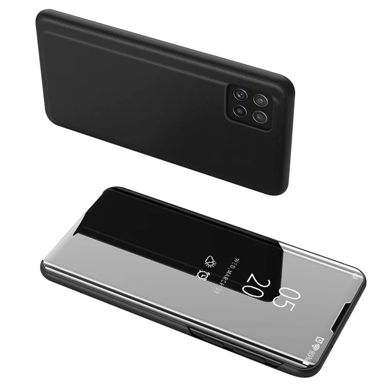 Custodia in pelle con superficie a specchio e supporto pieghevole in PC per Samsung Galaxy A22 5G (versione UE) - Nero
