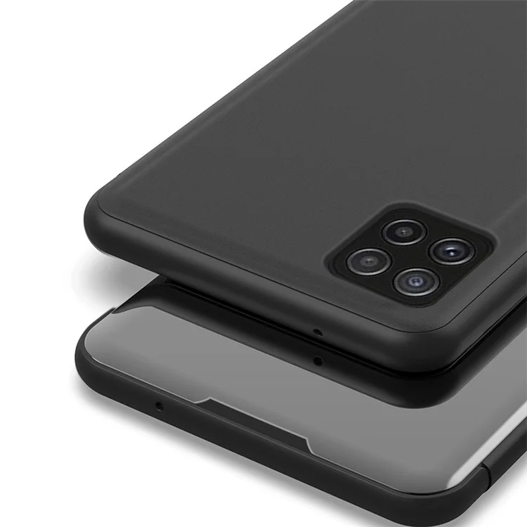 Custodia in pelle con superficie a specchio e supporto pieghevole in PC per Samsung Galaxy A22 5G (versione UE) - Nero