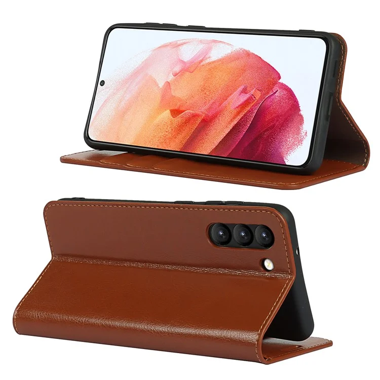 Funda para teléfono con cartera de piel auténtica Crazy Horse para Samsung Galaxy S21 FE - Marrón
