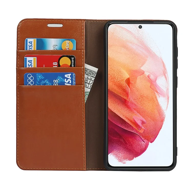Funda para teléfono con cartera de piel auténtica Crazy Horse para Samsung Galaxy S21 FE - Marrón