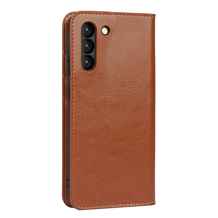 Funda para teléfono con cartera de piel auténtica Crazy Horse para Samsung Galaxy S21 FE - Marrón