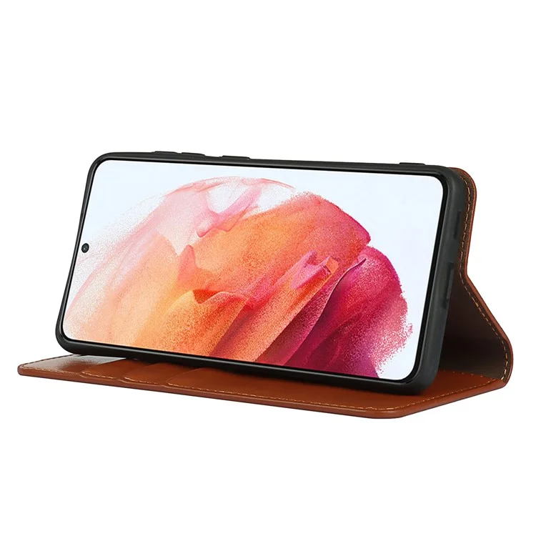 Funda para teléfono con cartera de piel auténtica Crazy Horse para Samsung Galaxy S21 FE - Marrón