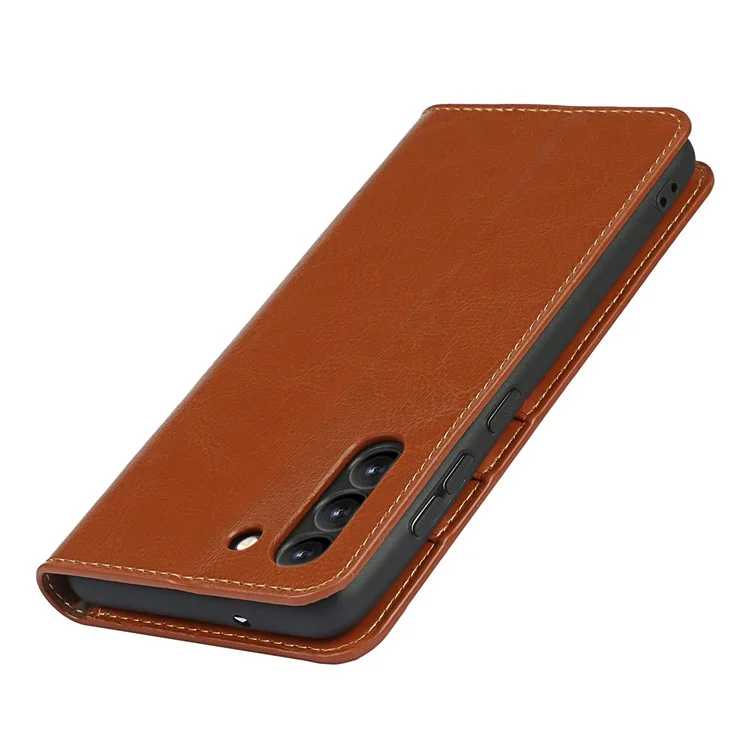 Funda para teléfono con cartera de piel auténtica Crazy Horse para Samsung Galaxy S21 FE - Marrón